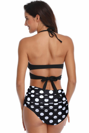 Traje de baño bikini de dos piezas halter criss cruzado de lunares blancos y negros